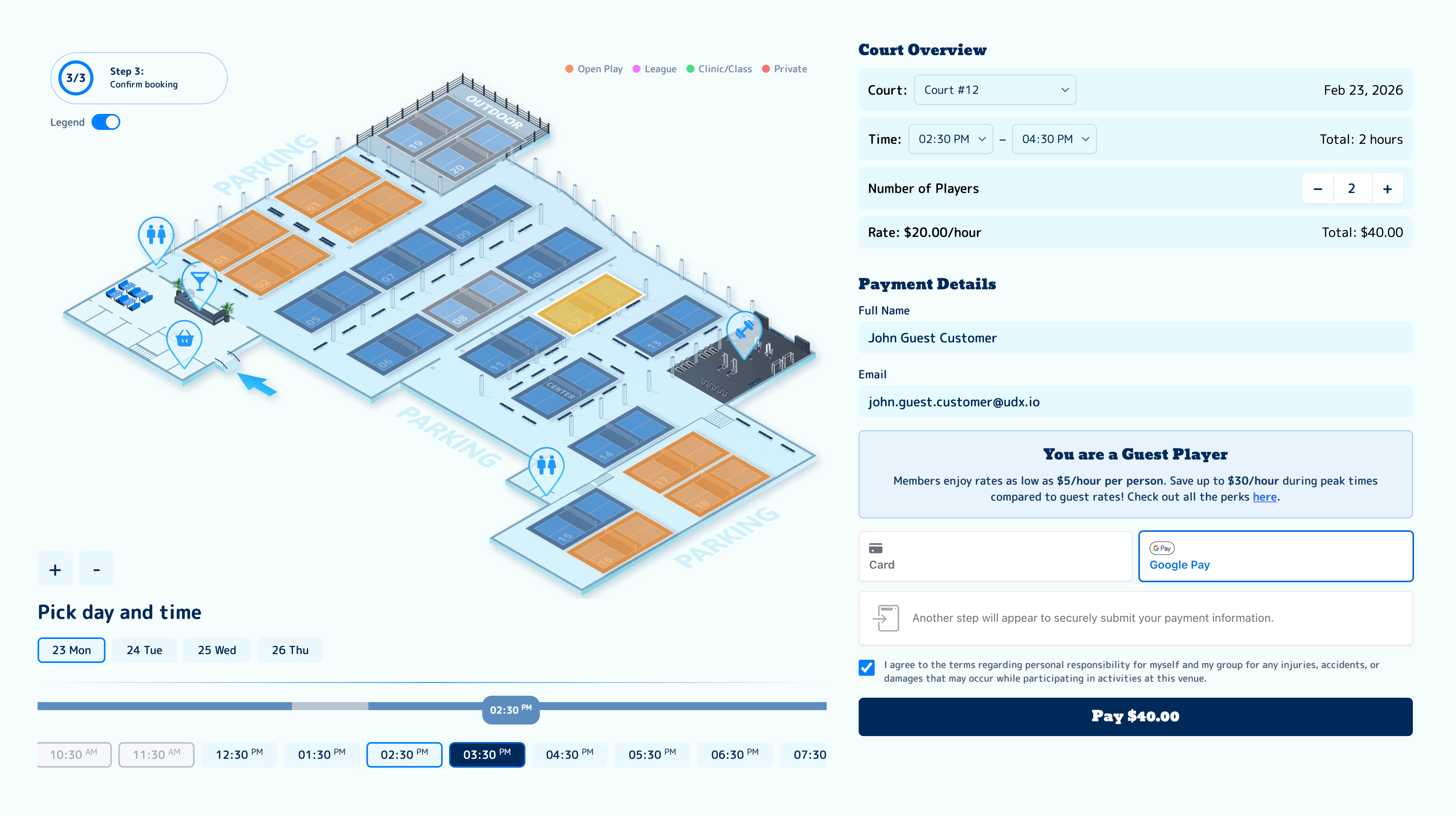 Peak CLT PickleGrid — facility map with real-time court status