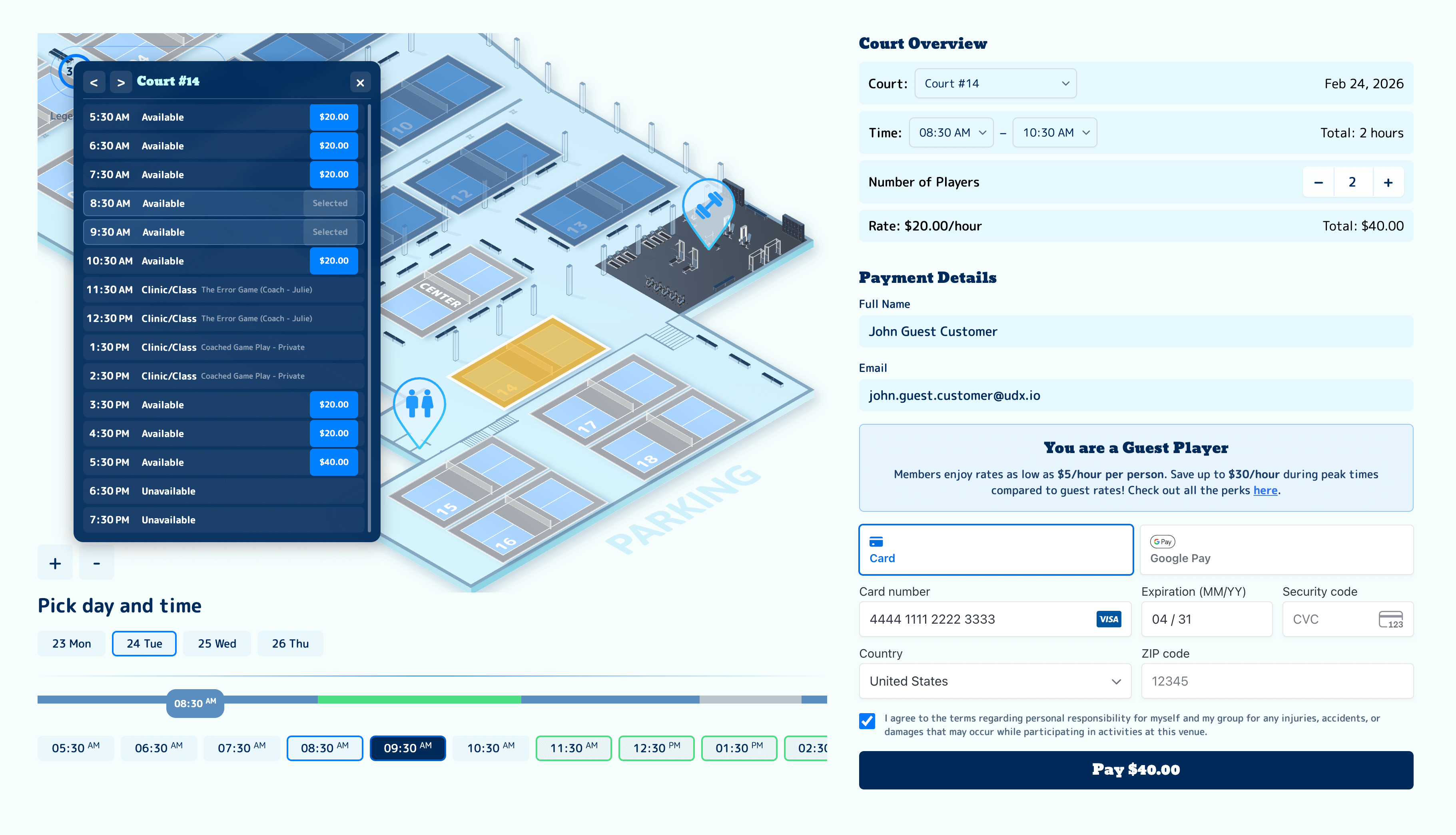 Court detail view — slot-by-slot availability and pricing
