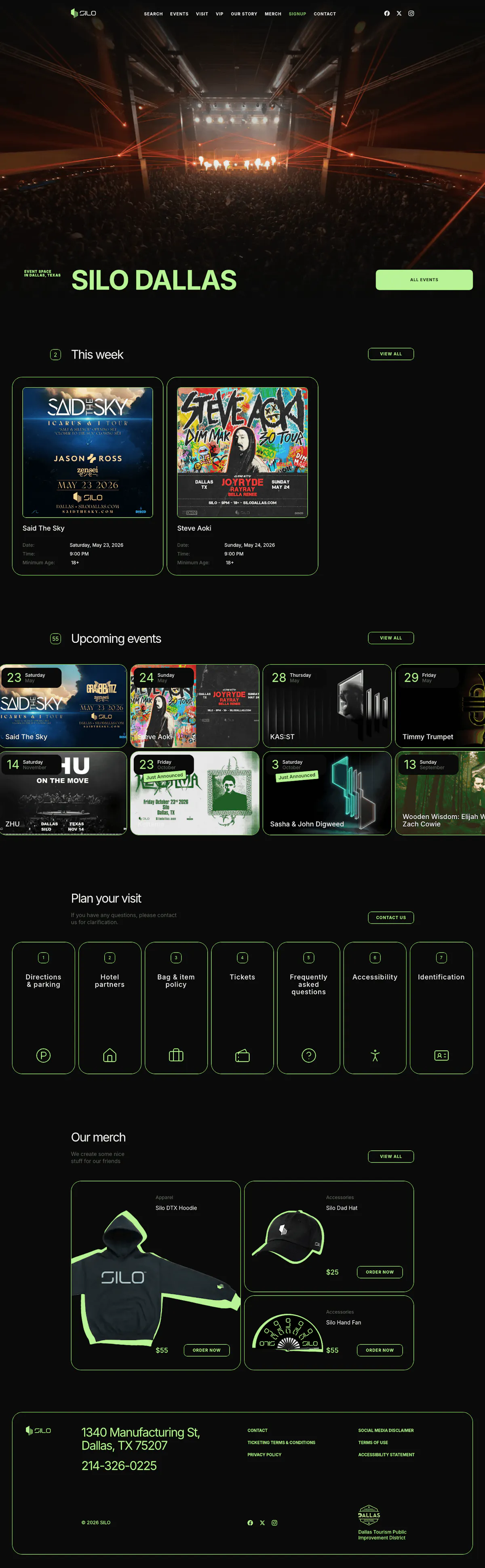 Full-page screenshot of silodallas.com showing a dark neon-green design with a concert crowd hero, event cards for Said The Sky and Steve Aoki, an upcoming events grid, plan-your-visit tiles, and a merch section
