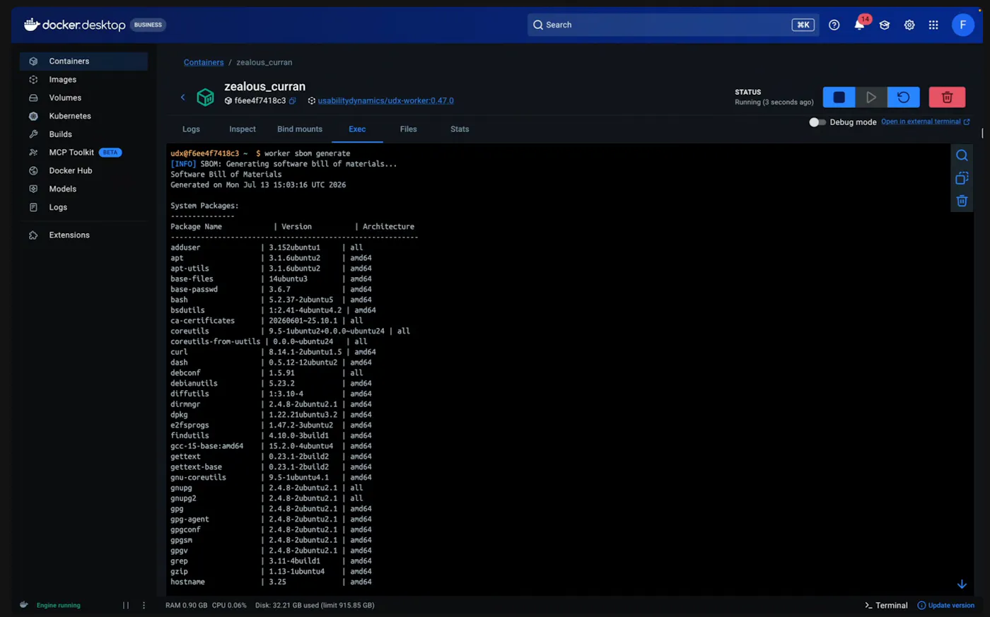worker sbom generate producing a software bill of materials inside a running udx-worker container in Docker Desktop