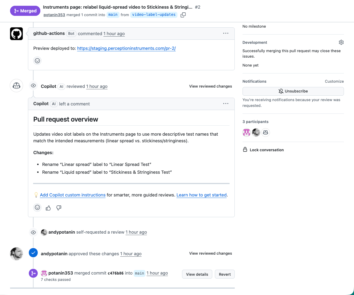 Merged GitHub pull request showing the automated preview deployment comment linking to staging.perceptioninstruments.com/pr-2/