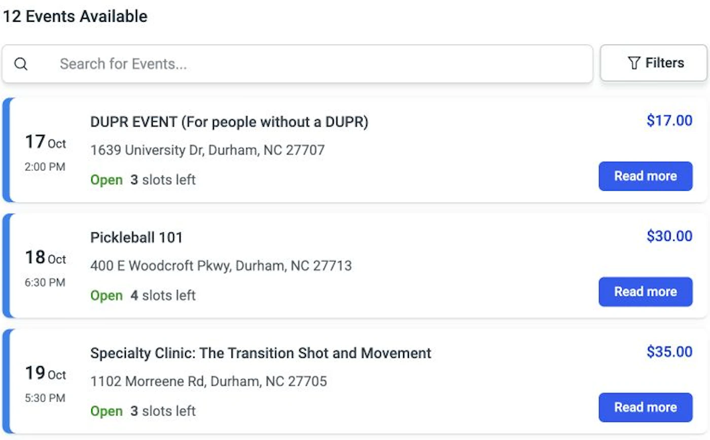 Class listings with dates, times, locations, prices and remaining places